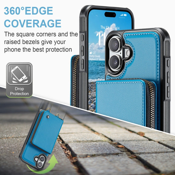 For iPhone 16 Plus JEEHOOD C22 Series Zipper Wallet Leather Phone Case with Dual Lanyard(Blue)