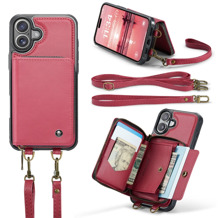 For iPhone 16 Plus JEEHOOD C22 Series Zipper Wallet Leather Phone Case with Dual Lanyard(Red)