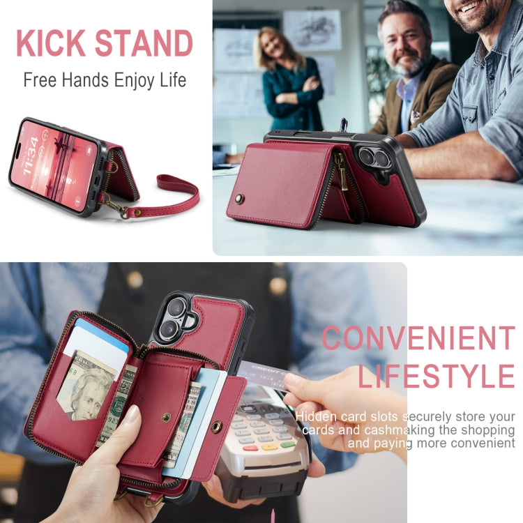 For iPhone 16 Plus JEEHOOD C22 Series Zipper Wallet Leather Phone Case with Dual Lanyard(Red)