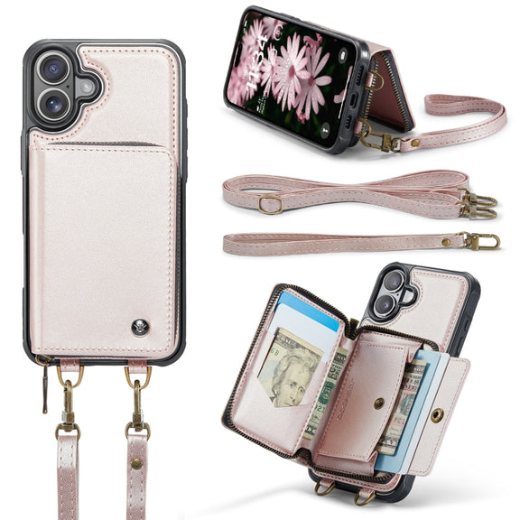 For iPhone 16 Plus JEEHOOD C22 Series Zipper Wallet Leather Phone Case with Dual Lanyard(Rose Gold)