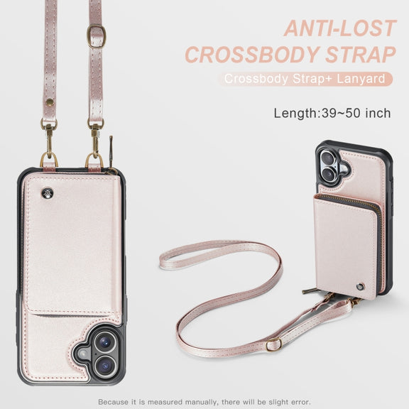 For iPhone 16 Plus JEEHOOD C22 Series Zipper Wallet Leather Phone Case with Dual Lanyard(Rose Gold)