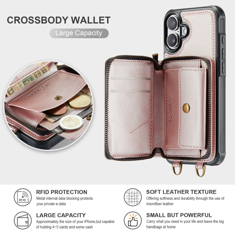 For iPhone 16 Plus JEEHOOD C22 Series Zipper Wallet Leather Phone Case with Dual Lanyard(Rose Gold)