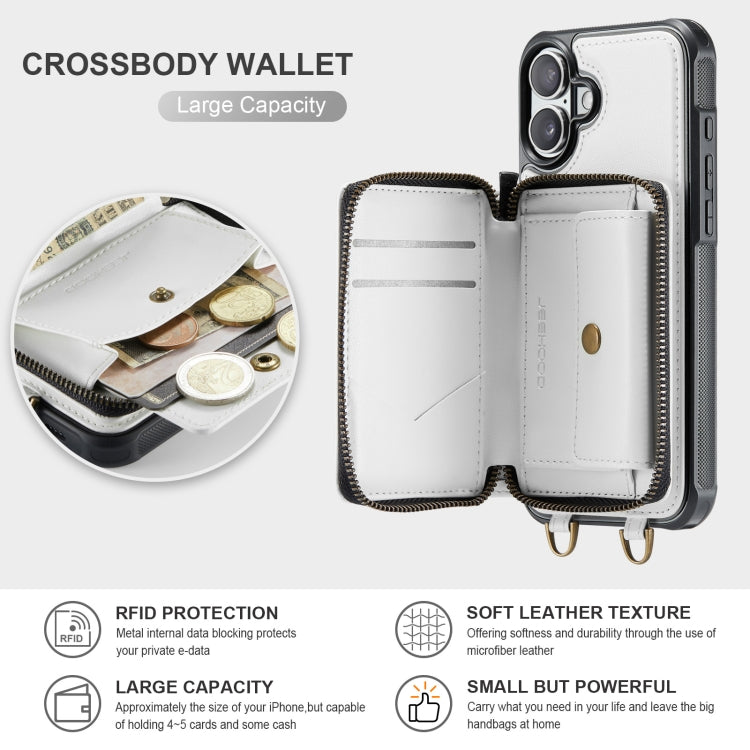 For iPhone 16 Plus JEEHOOD C22 Series Zipper Wallet Leather Phone Case with Dual Lanyard(White) - free shipping - PMC Jewellery - Order now!