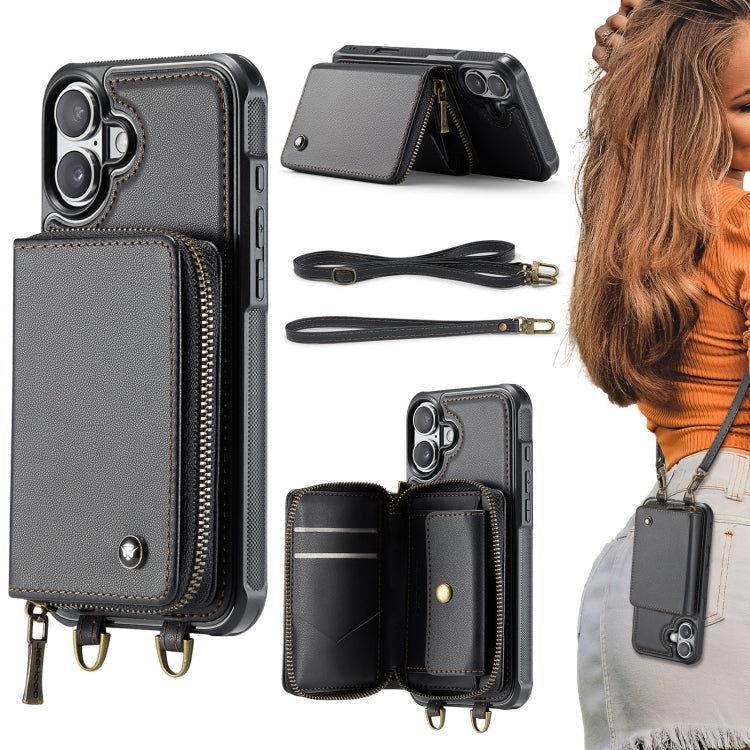 For iPhone 16 JEEHOOD C22 Series Zipper Wallet Leather Phone Case with Dual Lanyard(Black) - free shipping - PMC Jewellery - Order now!
