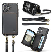 For iPhone 16 JEEHOOD C22 Series Zipper Wallet Leather Phone Case with Dual Lanyard(Black)