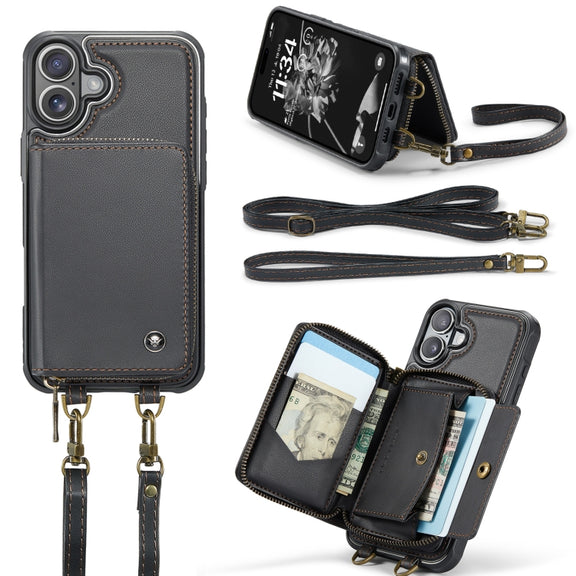 For iPhone 16 JEEHOOD C22 Series Zipper Wallet Leather Phone Case with Dual Lanyard(Black)