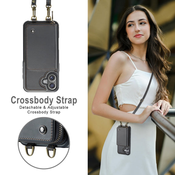 For iPhone 16 JEEHOOD C22 Series Zipper Wallet Leather Phone Case with Dual Lanyard(Black)