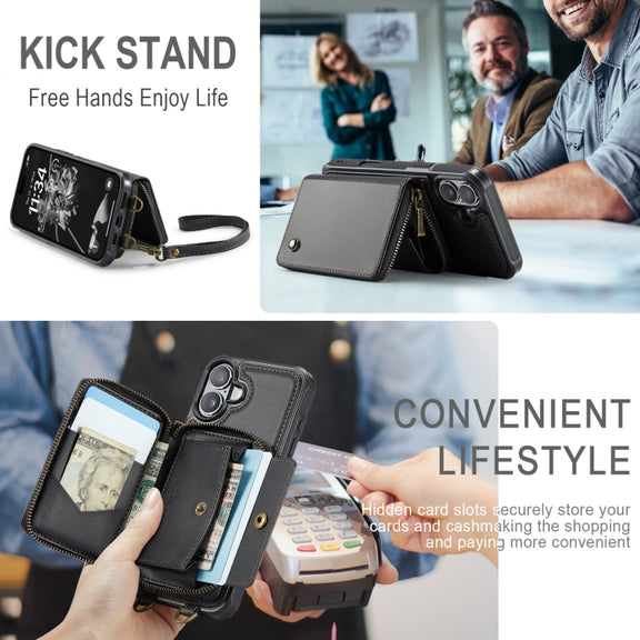 For iPhone 16 JEEHOOD C22 Series Zipper Wallet Leather Phone Case with Dual Lanyard(Black)