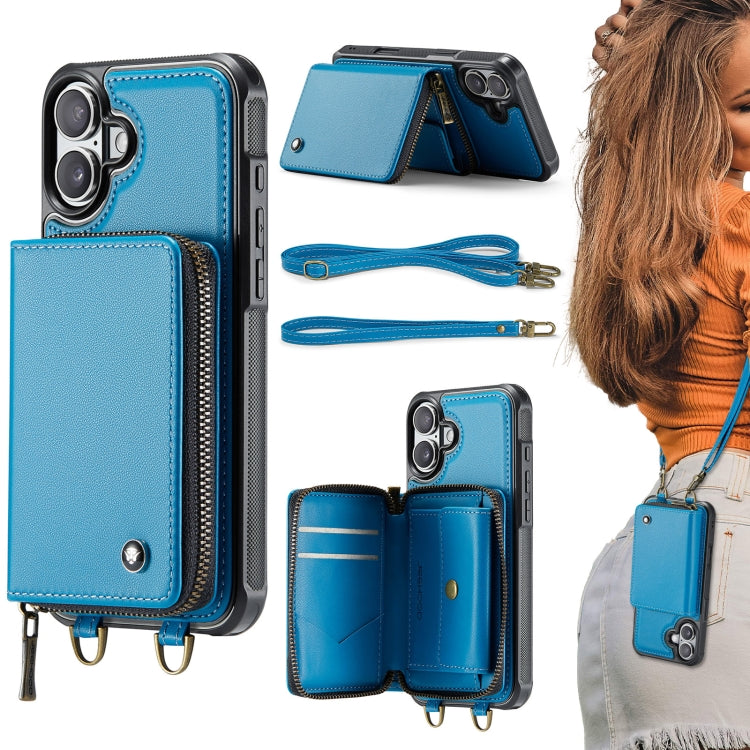 For iPhone 16 JEEHOOD C22 Series Zipper Wallet Leather Phone Case with Dual Lanyard(Blue) - iPhone 16 Cases by JEEHOOD | Online Shopping South Africa | PMC Jewellery | Buy Now Pay Later Mobicred