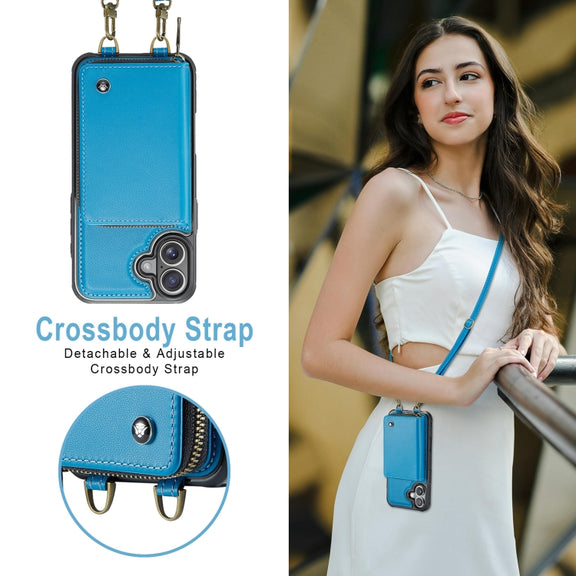 For iPhone 16 JEEHOOD C22 Series Zipper Wallet Leather Phone Case with Dual Lanyard(Blue)
