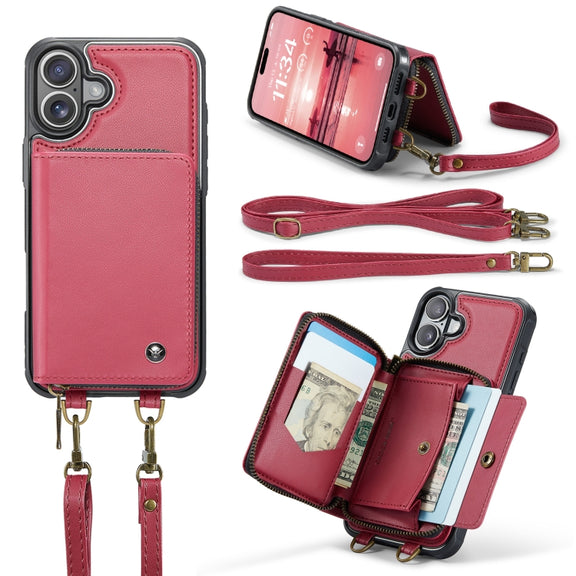 For iPhone 16 JEEHOOD C22 Series Zipper Wallet Leather Phone Case with Dual Lanyard(Red)