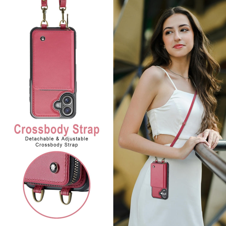 For iPhone 16 JEEHOOD C22 Series Zipper Wallet Leather Phone Case with Dual Lanyard(Red)