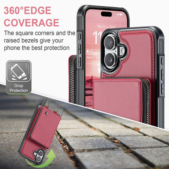 For iPhone 16 JEEHOOD C22 Series Zipper Wallet Leather Phone Case with Dual Lanyard(Red)