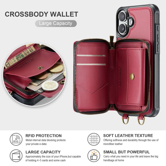 For iPhone 16 JEEHOOD C22 Series Zipper Wallet Leather Phone Case with Dual Lanyard(Red)