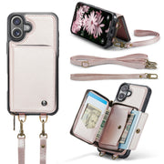 For iPhone 16 JEEHOOD C22 Series Zipper Wallet Leather Phone Case with Dual Lanyard(Rose Gold)