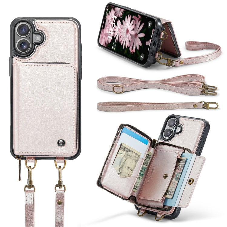For iPhone 16 JEEHOOD C22 Series Zipper Wallet Leather Phone Case with Dual Lanyard(Rose Gold)