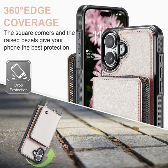 For iPhone 16 JEEHOOD C22 Series Zipper Wallet Leather Phone Case with Dual Lanyard(Rose Gold)