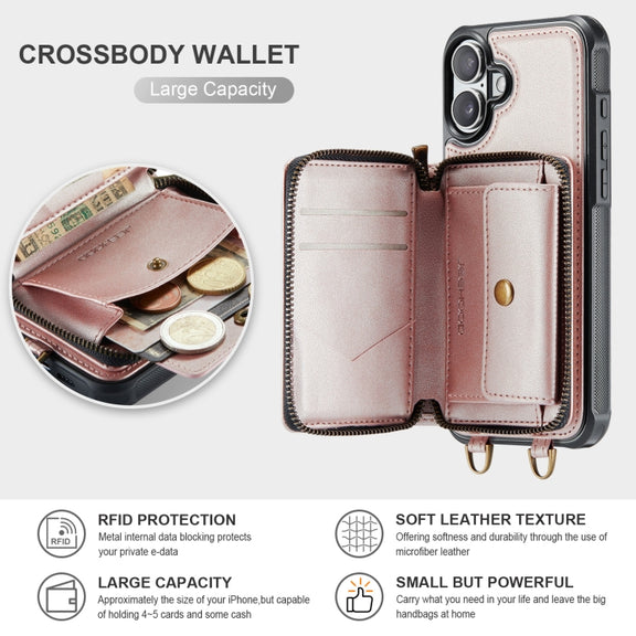 For iPhone 16 JEEHOOD C22 Series Zipper Wallet Leather Phone Case with Dual Lanyard(Rose Gold)