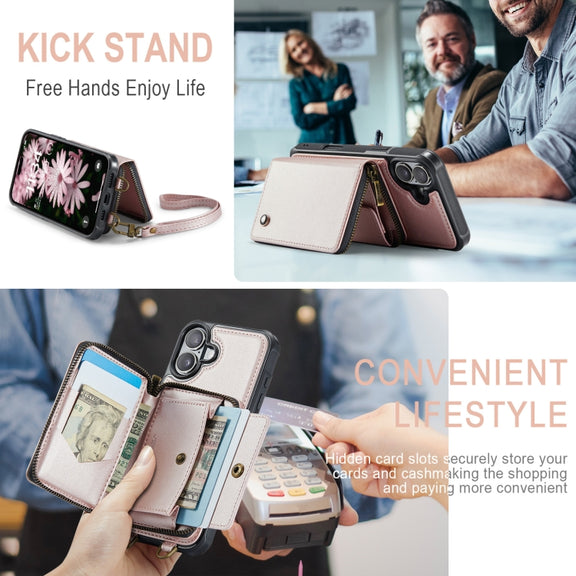 For iPhone 16 JEEHOOD C22 Series Zipper Wallet Leather Phone Case with Dual Lanyard(Rose Gold)