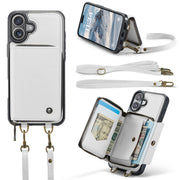 For iPhone 16 JEEHOOD C22 Series Zipper Wallet Leather Phone Case with Dual Lanyard(White)