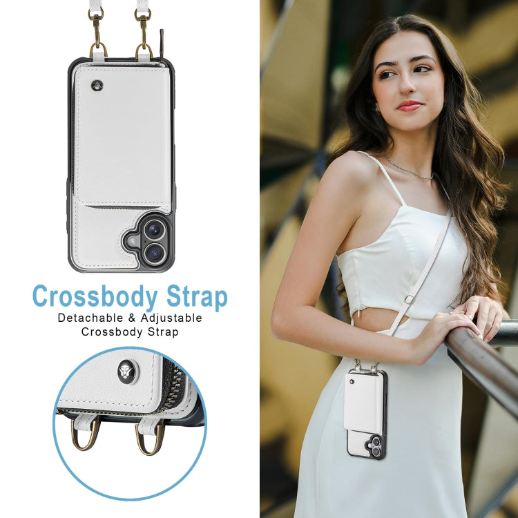 For iPhone 16 JEEHOOD C22 Series Zipper Wallet Leather Phone Case with Dual Lanyard(White)