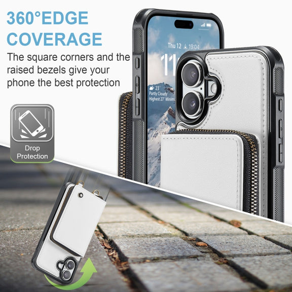 For iPhone 16 JEEHOOD C22 Series Zipper Wallet Leather Phone Case with Dual Lanyard(White)
