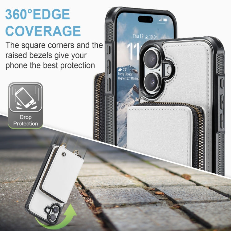 For iPhone 16 JEEHOOD C22 Series Zipper Wallet Leather Phone Case with Dual Lanyard(White)