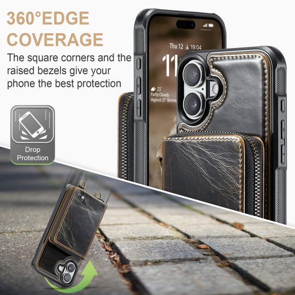 For iPhone 16 JEEHOOD C22 Series Zipper Wallet Leather Phone Case with Dual Lanyard(Coffee)