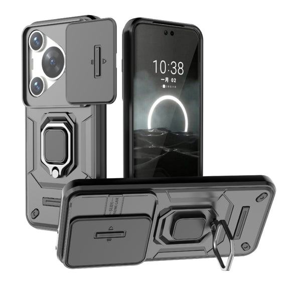 For Huawei Pura 70 Pro / Pura 70 Pro+ Sliding Camshield TPU + PC Shockproof Phone Case with Holder(Black)