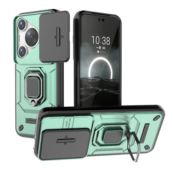 For Huawei Pura 70 Pro / Pura 70 Pro+ Sliding Camshield TPU + PC Shockproof Phone Case with Holder(Green)