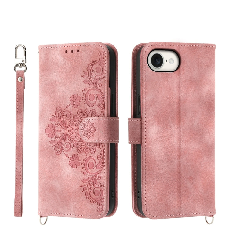 For iPhone 16e Skin-feel Flowers Embossed Wallet Leather Phone Case(Pink) - iPhone 16e Cases by PMC TechLife | Online Shopping South Africa | PMC TechLife | Buy Now Pay Later Mobicred