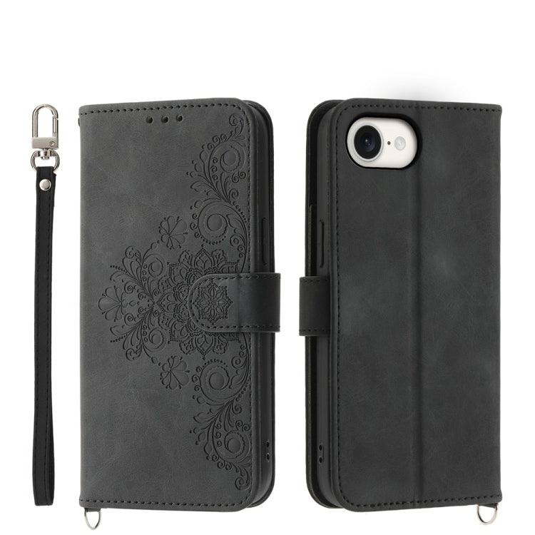 For iPhone 16e Skin-feel Flowers Embossed Wallet Leather Phone Case(Black) - iPhone 16e Cases by PMC TechLife | Online Shopping South Africa | PMC TechLife | Buy Now Pay Later Mobicred