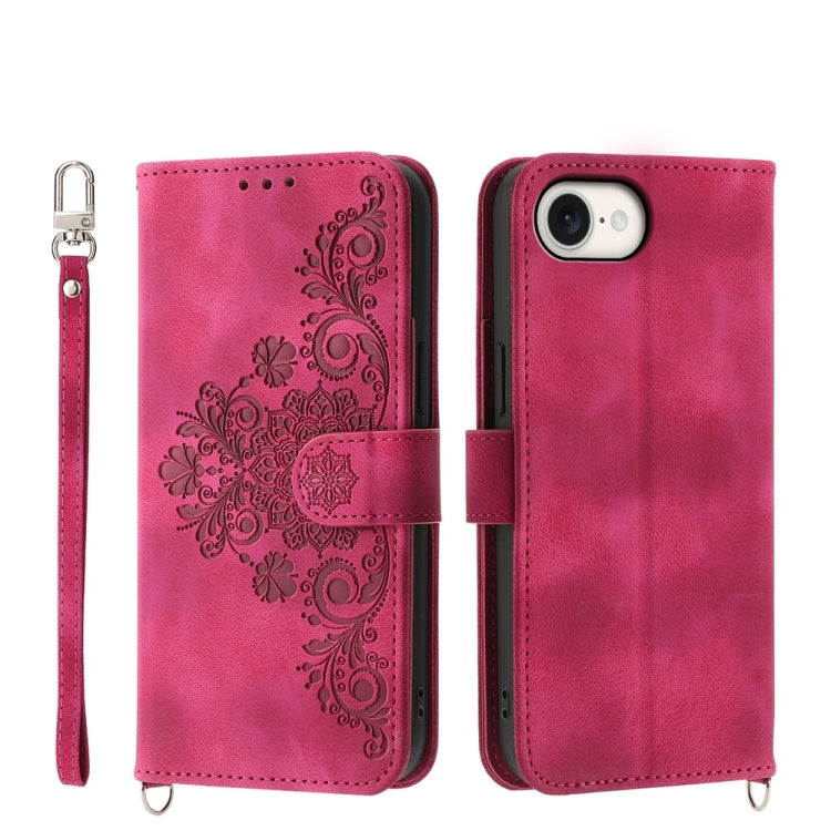 For iPhone 16e Skin-feel Flowers Embossed Wallet Leather Phone Case(Wine Red) - iPhone 16e Cases by PMC TechLife | Online Shopping South Africa | PMC TechLife | Buy Now Pay Later Mobicred