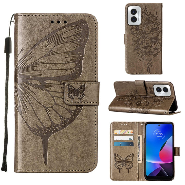 For Motorola Moto G Play 4G 2024 Embossed Butterfly Leather Phone Case(Grey) - Motorola Cases by PMC Jewellery | Online Shopping South Africa | PMC Jewellery | Buy Now Pay Later Mobicred