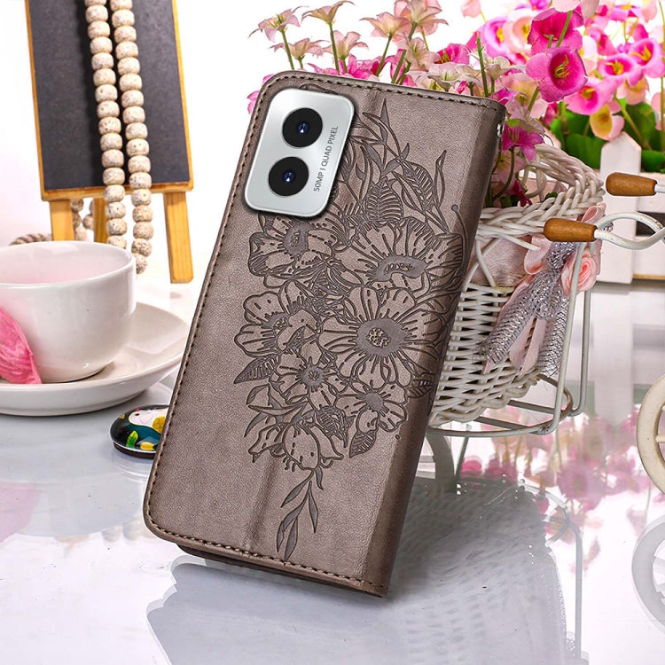 For Motorola Moto G Play 4G 2024 Embossed Butterfly Leather Phone Case(Grey) - Motorola Cases by PMC Jewellery | Online Shopping South Africa | PMC Jewellery | Buy Now Pay Later Mobicred
