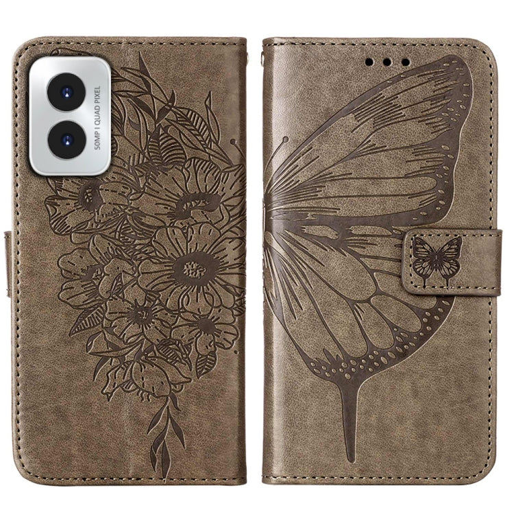 For Motorola Moto G Play 4G 2024 Embossed Butterfly Leather Phone Case(Grey) - Motorola Cases by PMC Jewellery | Online Shopping South Africa | PMC Jewellery | Buy Now Pay Later Mobicred