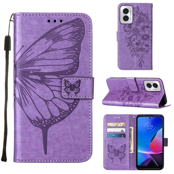 For Motorola Moto G Play 4G 2024 Embossed Butterfly Leather Phone Case(Purple)