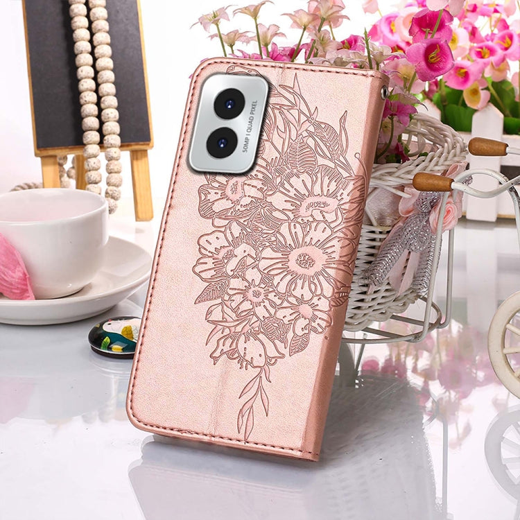 For Motorola Moto G Play 4G 2024 Embossed Butterfly Leather Phone Case(Rose Gold) - Motorola Cases by PMC Jewellery | Online Shopping South Africa | PMC Jewellery | Buy Now Pay Later Mobicred