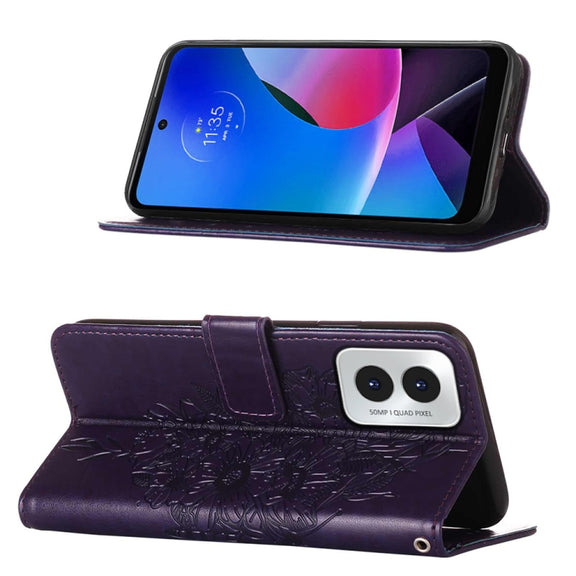 For Motorola Moto G Play 4G 2024 Embossed Butterfly Leather Phone Case(Dark Purple)
