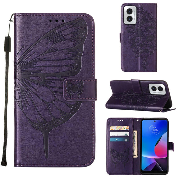 For Motorola Moto G Play 4G 2024 Embossed Butterfly Leather Phone Case(Dark Purple)