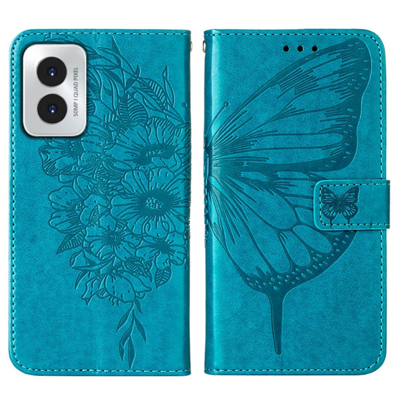 For Motorola Moto G Play 4G 2024 Embossed Butterfly Leather Phone Case(Blue)