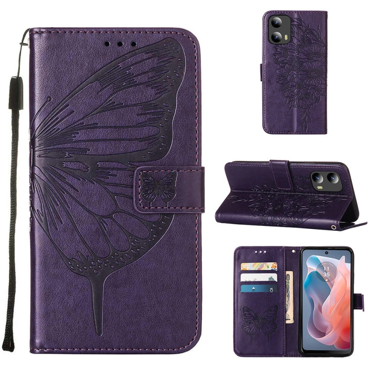 For Motorola Moto G Play 5G 2024 Embossed Butterfly Leather Phone Case(Dark Purple) - Motorola Cases by PMC Jewellery | Online Shopping South Africa | PMC Jewellery | Buy Now Pay Later Mobicred