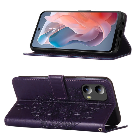 For Motorola Moto G Play 5G 2024 Embossed Butterfly Leather Phone Case(Dark Purple)