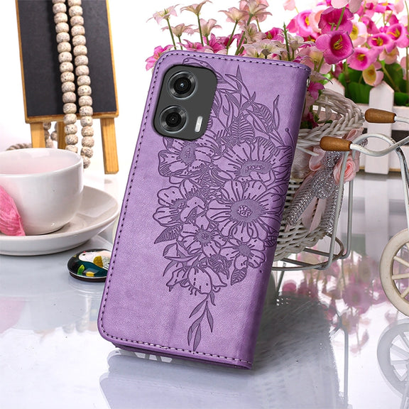 For Motorola Moto G Stylus 5G 2024 Embossed Butterfly Leather Phone Case(Purple)