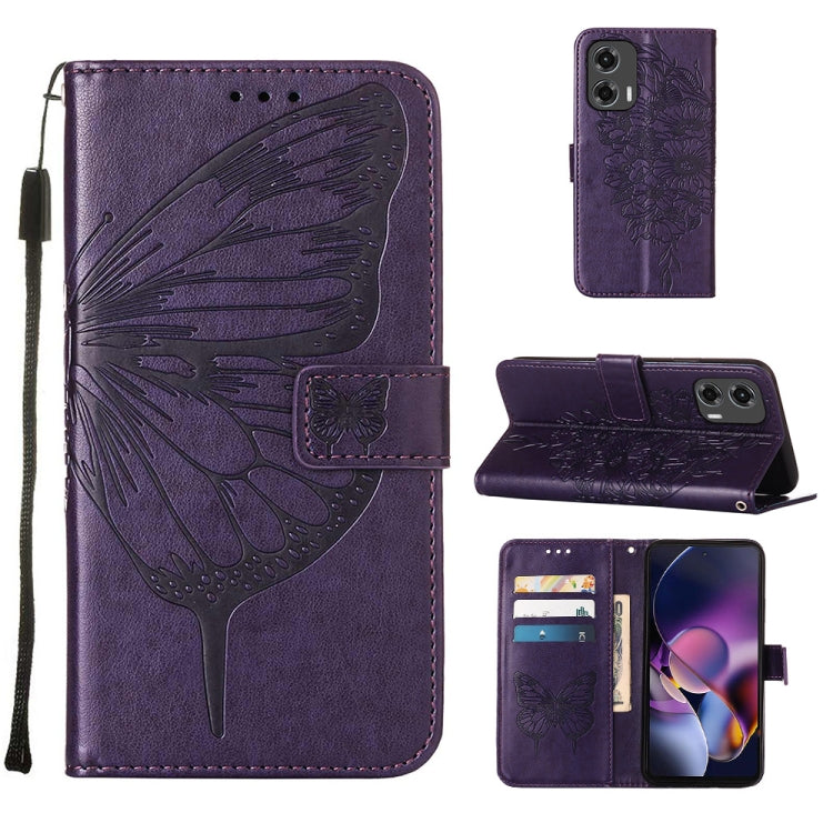 For Motorola Moto G Stylus 5G 2024 Embossed Butterfly Leather Phone Case(Dark Purple) - Motorola Cases by PMC Jewellery | Online Shopping South Africa | PMC Jewellery | Buy Now Pay Later Mobicred
