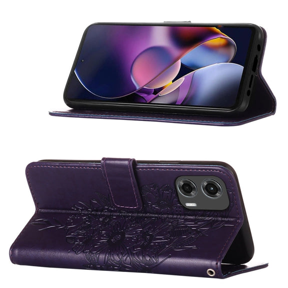 For Motorola Moto G Stylus 5G 2024 Embossed Butterfly Leather Phone Case(Dark Purple)