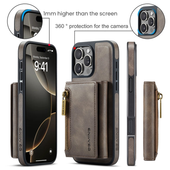 For iPhone 16 Pro Max DG.MING M5 Series Zip RFID Multi Card Detachable Leather Phone Case(Coffee)