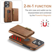 For iPhone 16 Pro DG.MING M5 Series Zip RFID Multi Card Detachable Leather Phone Case(Brown)