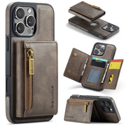 For iPhone 16 Pro DG.MING M5 Series Zip RFID Multi Card Detachable Leather Phone Case(Coffee)