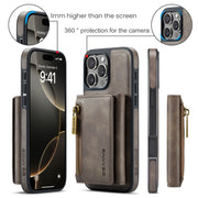 For iPhone 16 Pro DG.MING M5 Series Zip RFID Multi Card Detachable Leather Phone Case(Coffee)